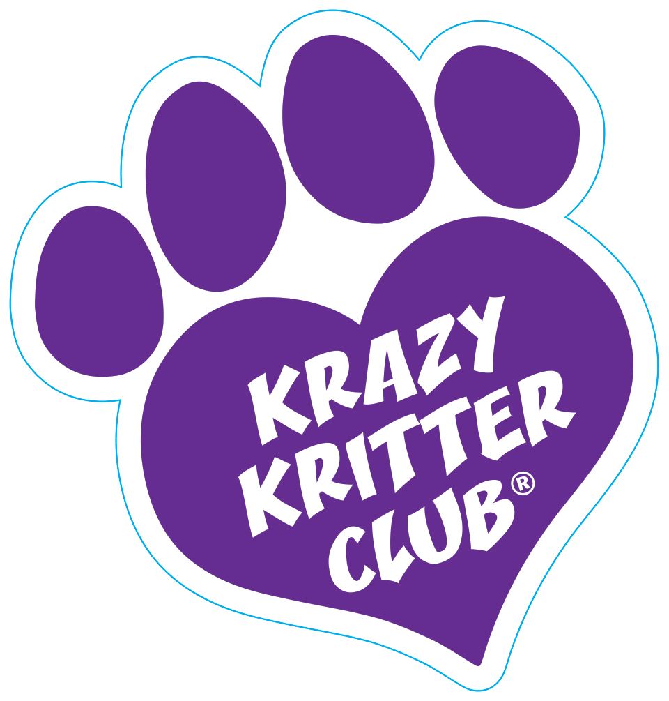 A purple paw print with the words krazy kritter club on it