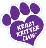 A purple paw print with the words krazy kritter club on it