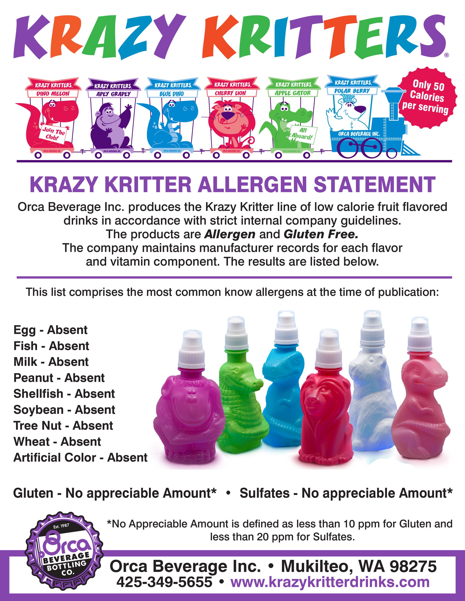 A flyer for krazy kritter allergen statement