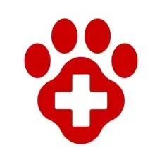 A red paw print with a white cross inside of it.