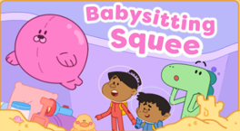 A babysitting squee cartoon with a pink seal and two children