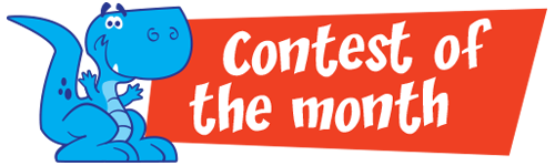 A blue dinosaur is standing next to a red sign that says contest of the month.