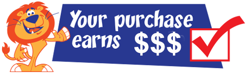 A cartoon lion is standing next to a sign that says your purchase earns $.