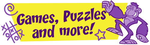 A cartoon monkey is standing next to the words `` games , puzzles and more ''.