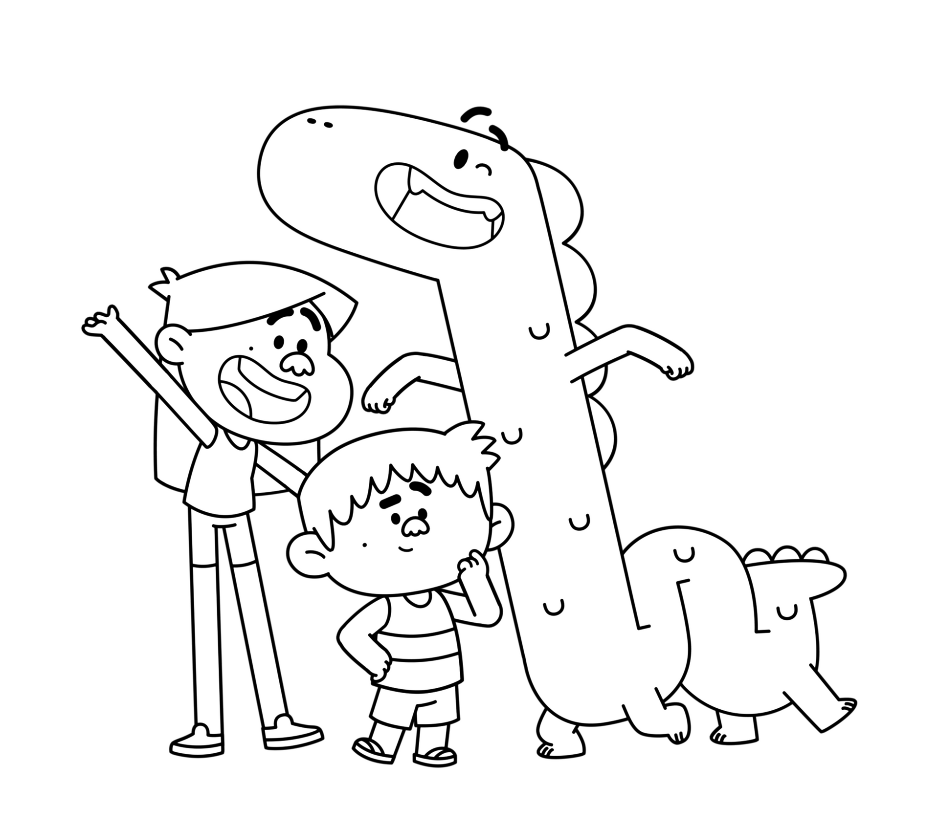 A black and white drawing of a boy and a dinosaur standing next to each other.