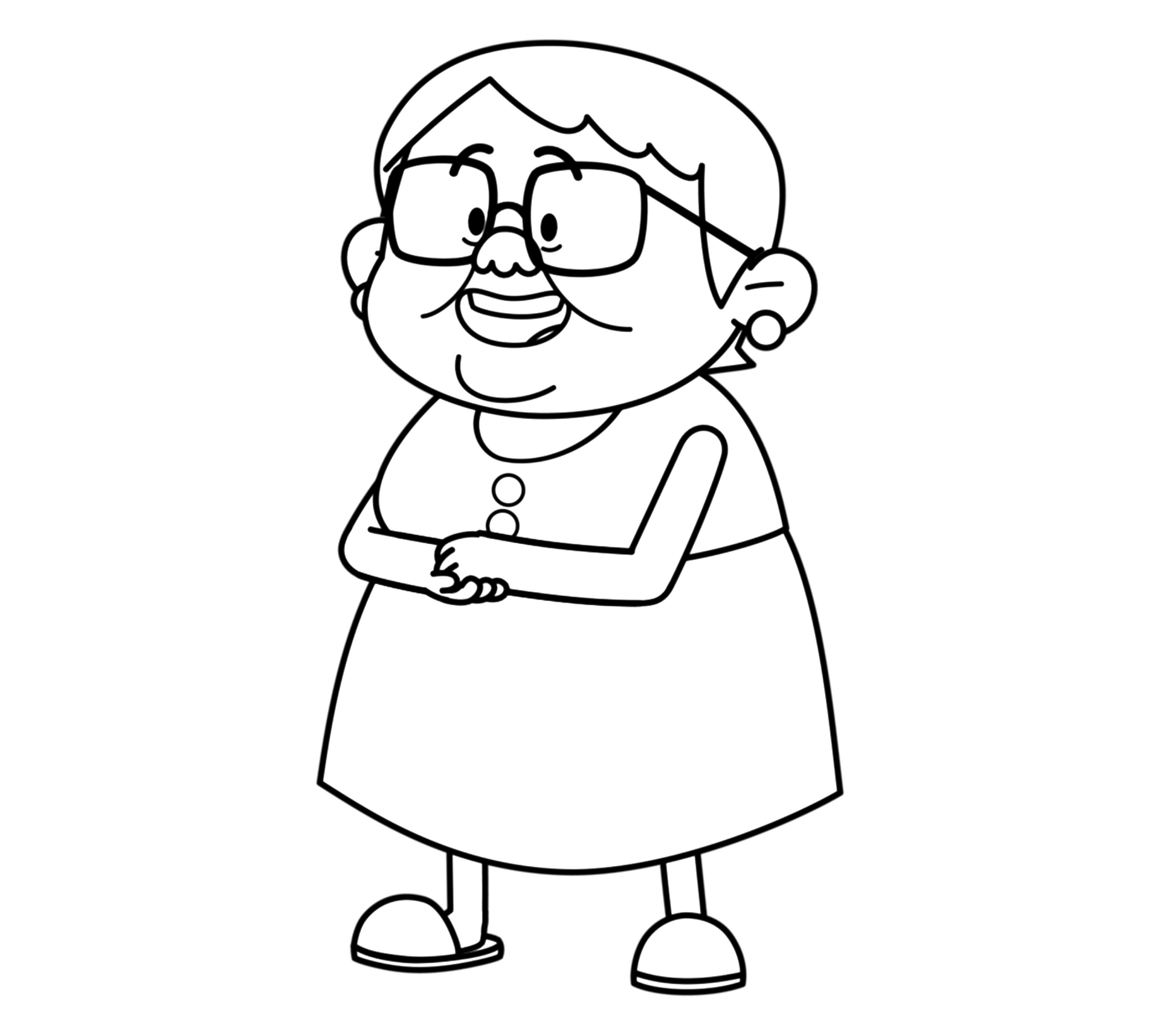 A black and white drawing of an elderly woman wearing glasses and a dress.