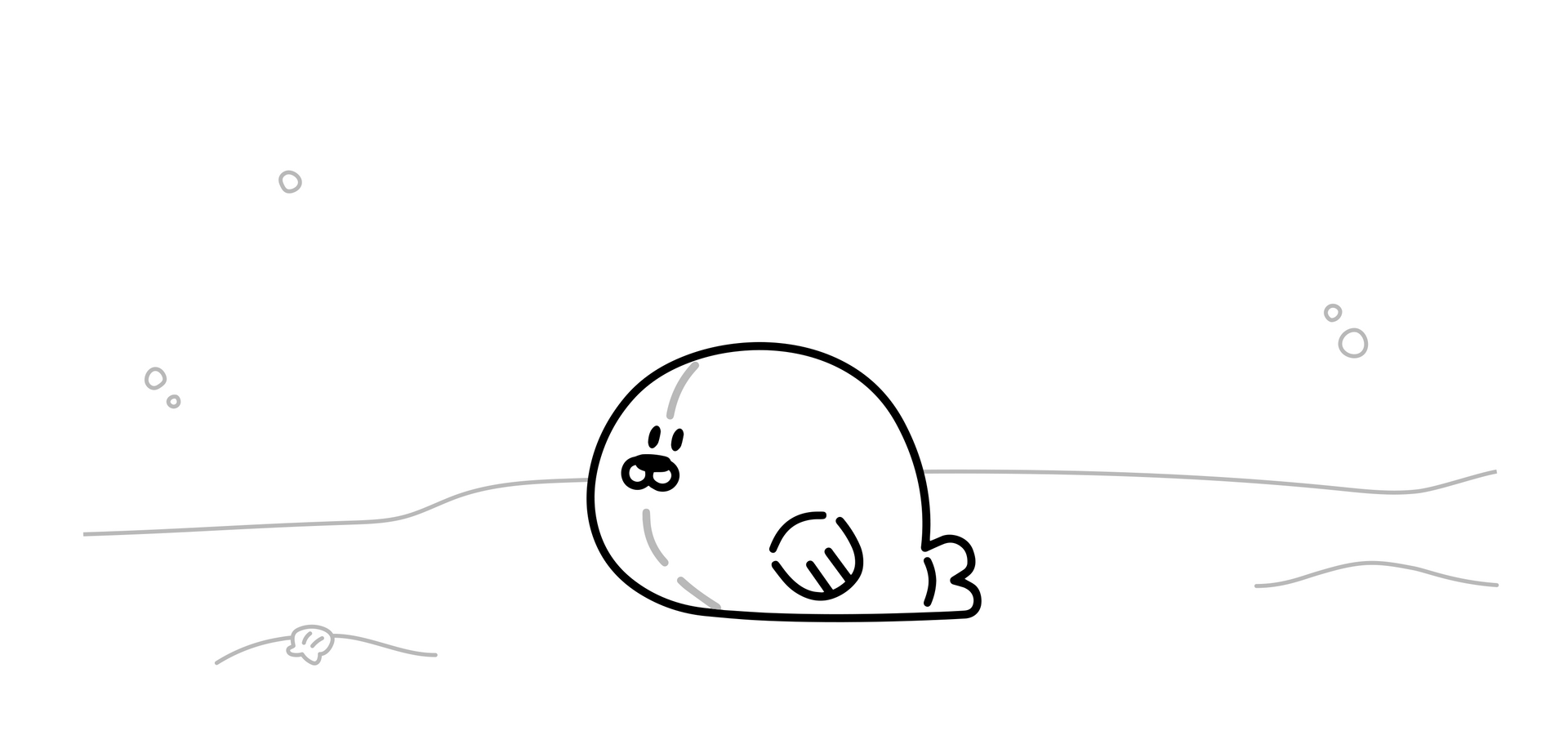 A black and white drawing of a seal swimming in the water.