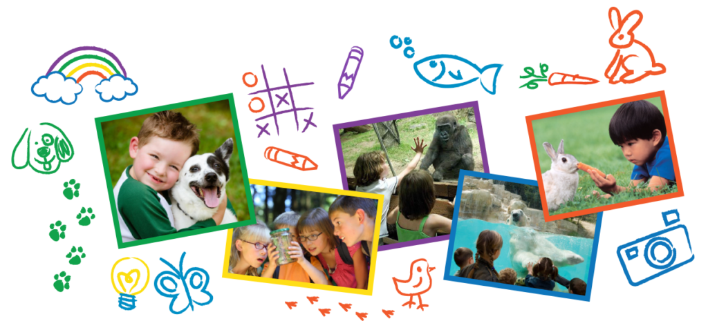 A collage of pictures of children playing with animals