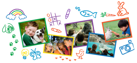 A collage of pictures of children playing with animals
