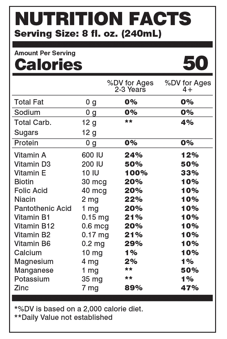 A nutrition facts label for a serving size of 8 fl oz.