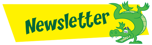 A yellow sign with the word newsletter and a green dragon on it.