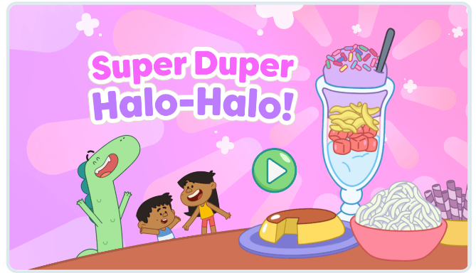 A cartoon of a dinosaur , a boy and a girl standing next to a glass of ice cream.