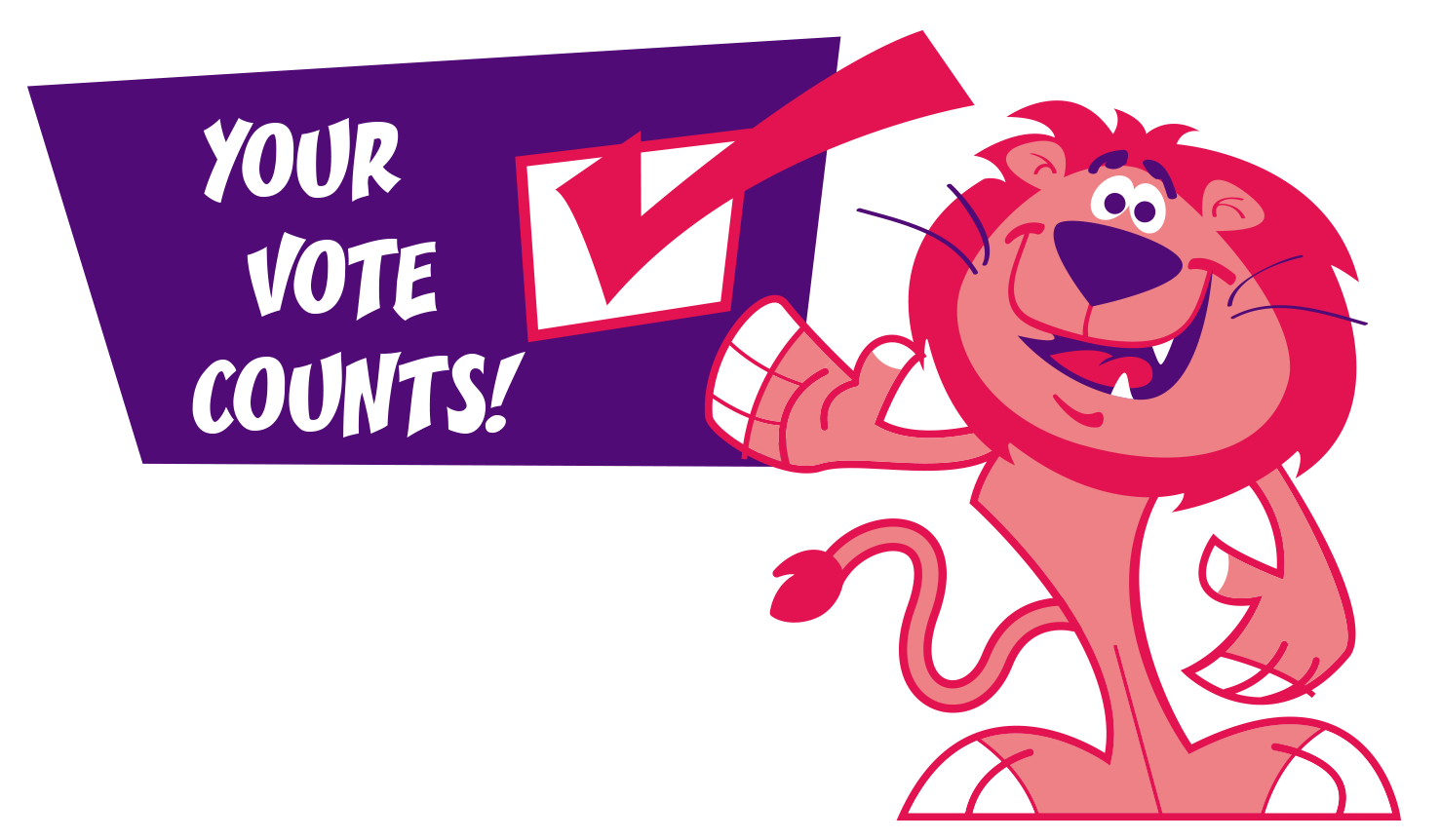 A cartoon lion is standing next to a sign that says your vote counts