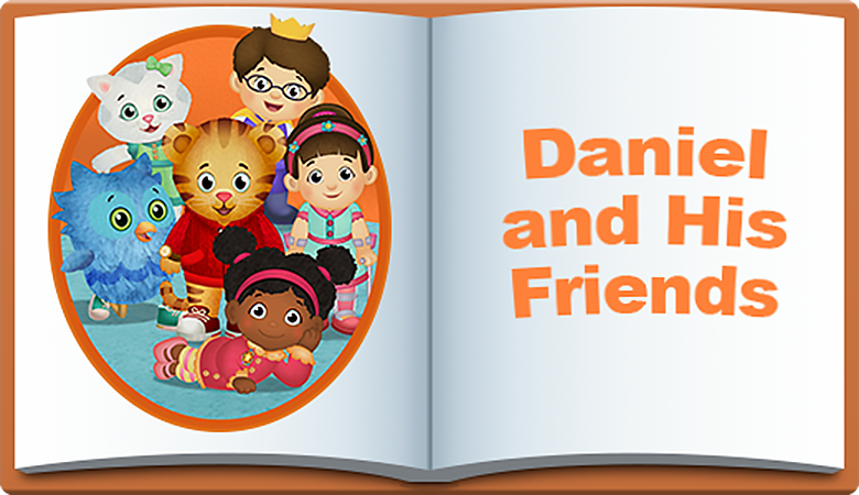 A book is open to a page with a picture of daniel and his friends.