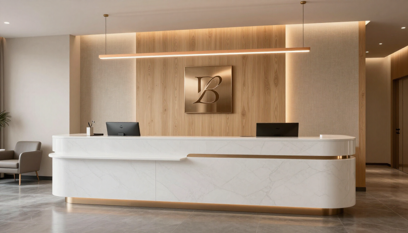 A premium medical clinic interior showing high-end design elements.