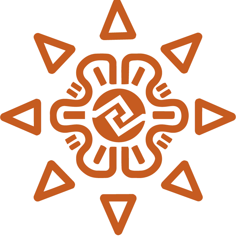 An orange geometric sun-like symbol with a central spiral motif surrounded by eight triangular rays.