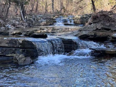 A small waterfall is surrounded by rocks and trees in the middle of a forest.