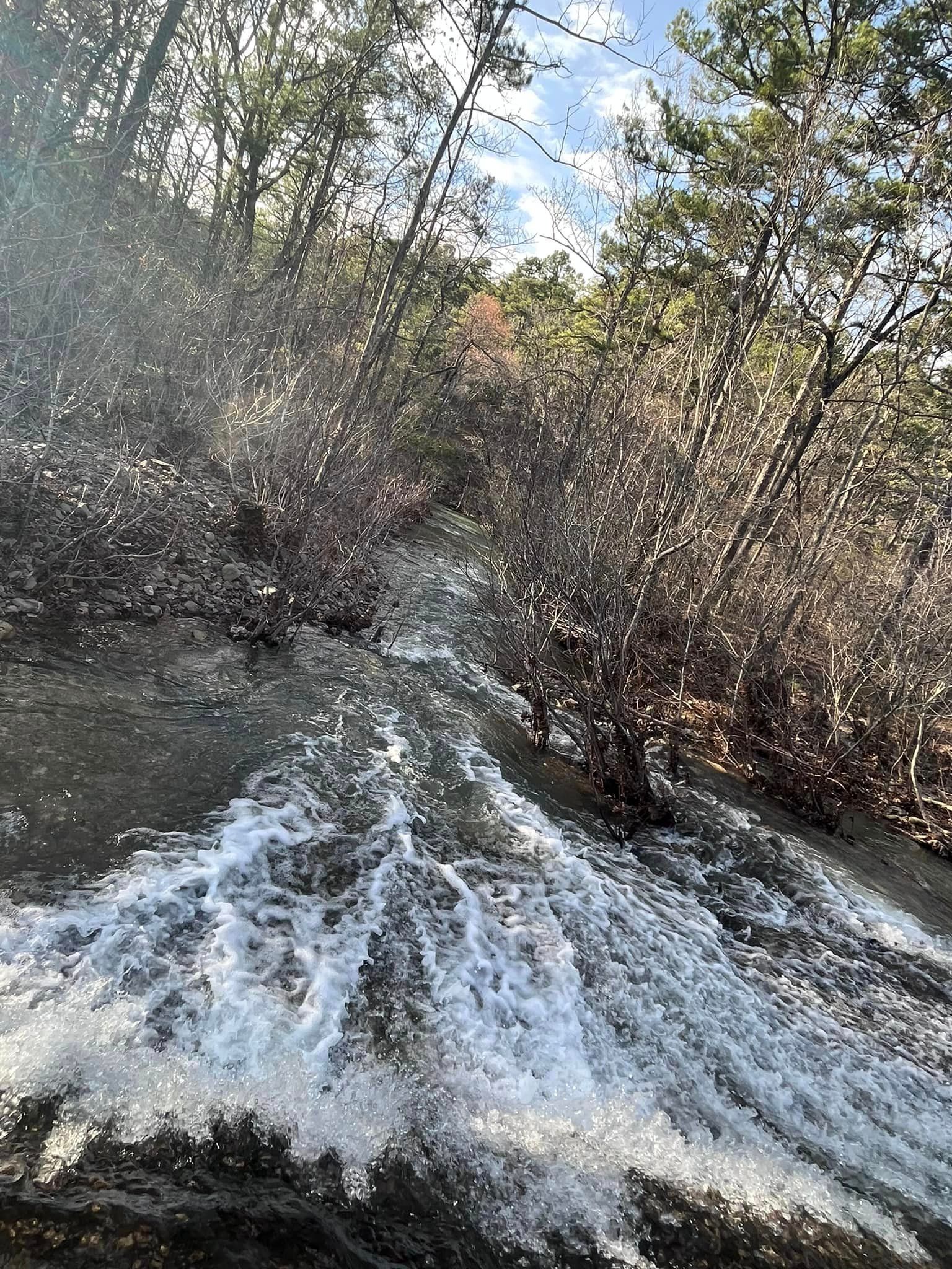 A waterfall is surrounded by trees and rocks in the middle of a forest.