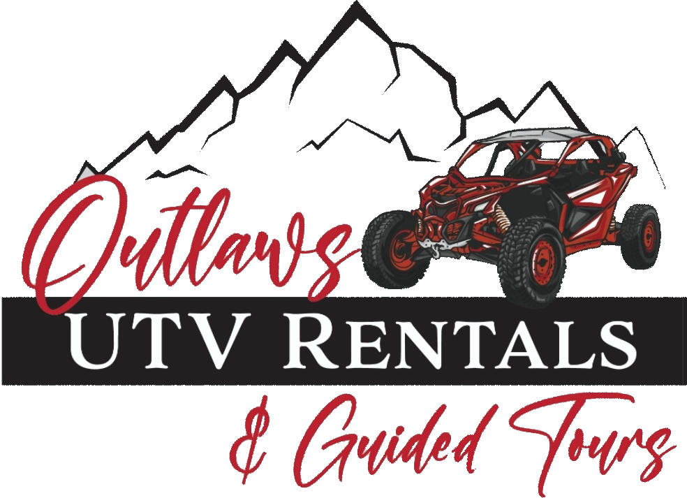 The logo for outlaws utv rentals and guided tours shows a red atv with mountains in the background.