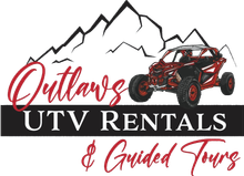 The logo for outlaws utv rentals and guided tours shows a red atv with mountains in the background.