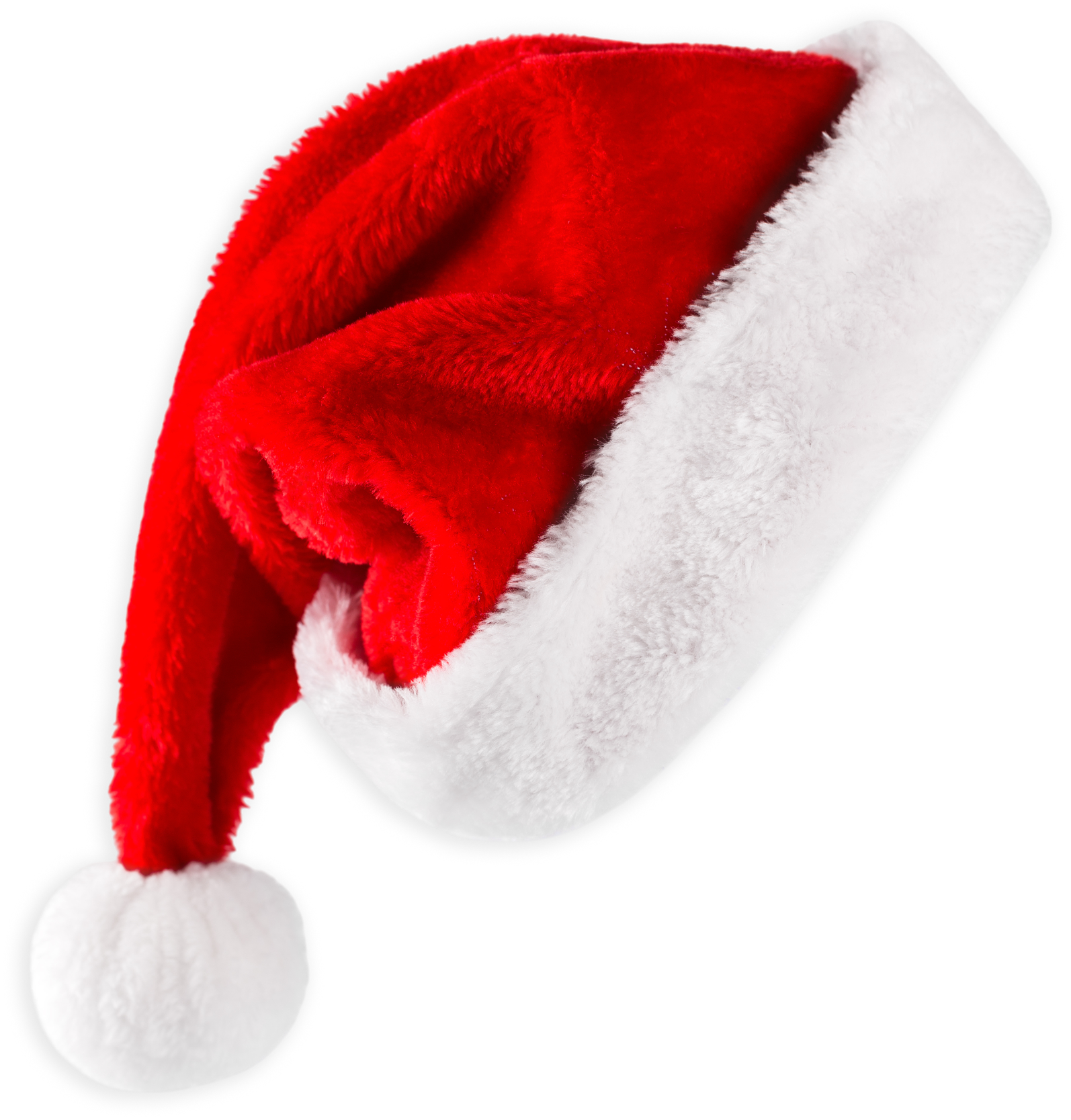 Red Santa hat with white fur trim and pom-pom.