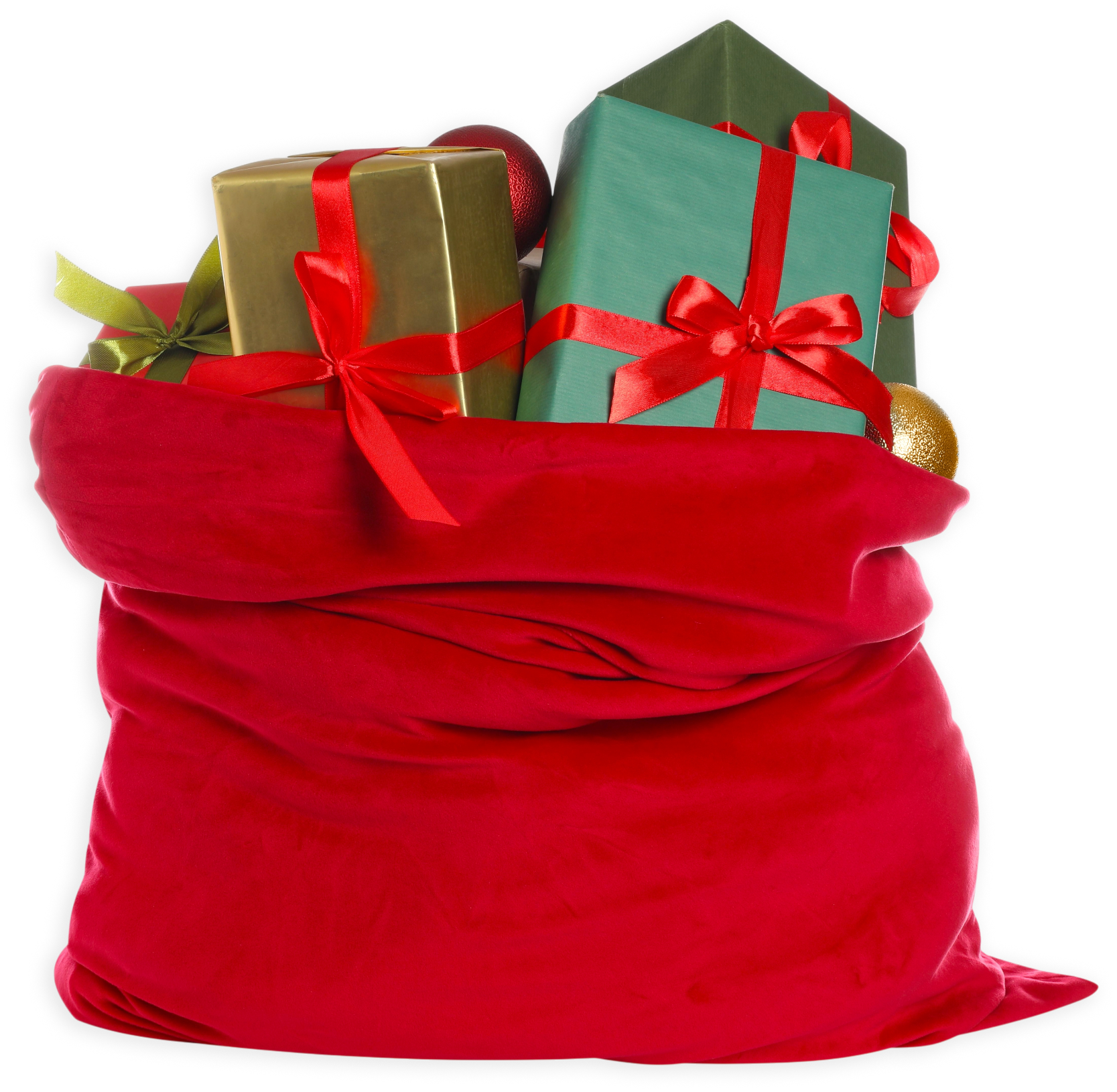 Red Santa bag overflowing with wrapped presents.