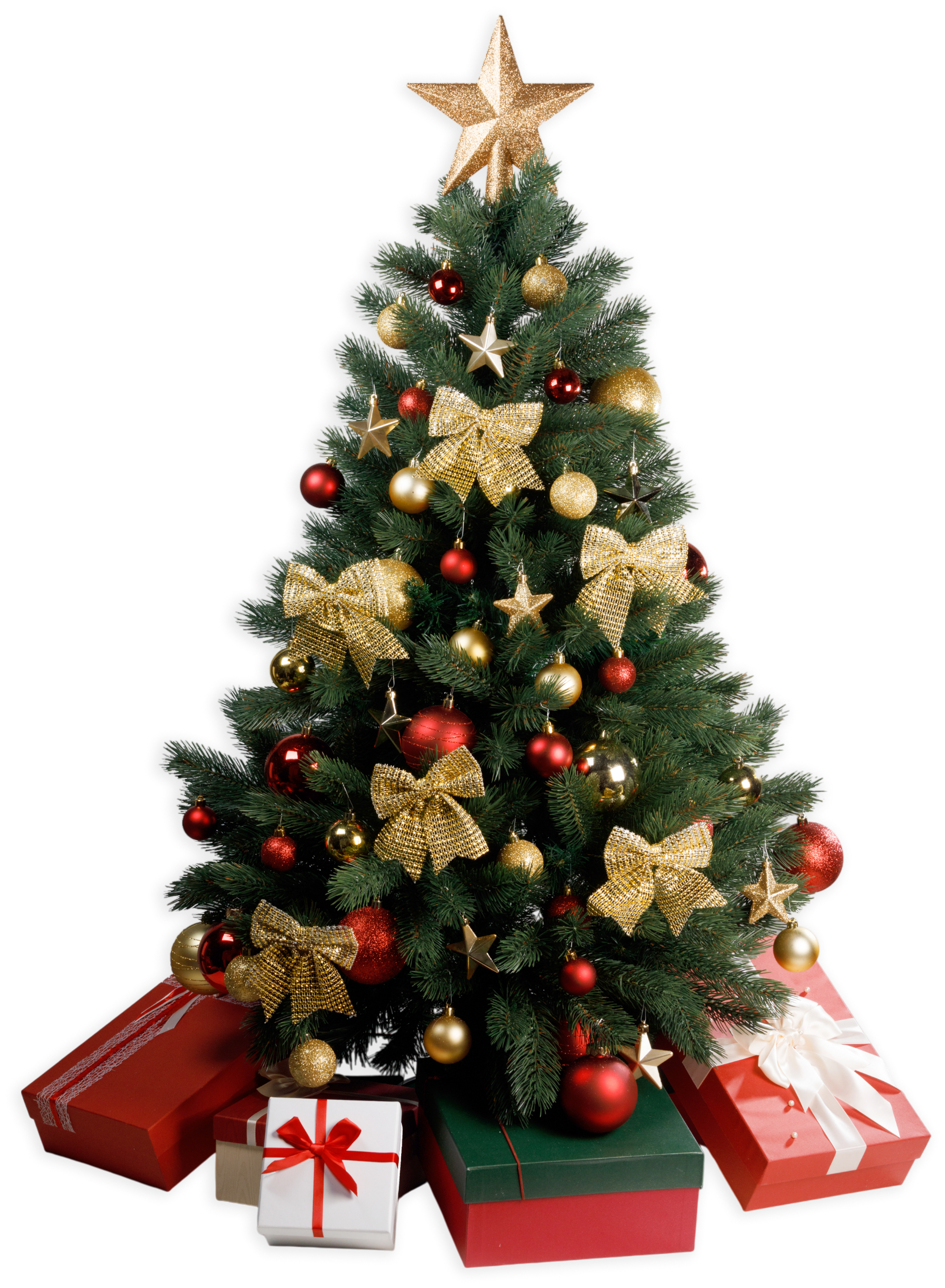 Christmas tree decorated with gold bows, ornaments, and a star, surrounded by wrapped gifts.