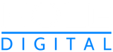 A blue and white digital logo on a white background.