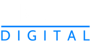 A blue and white digital logo on a white background.