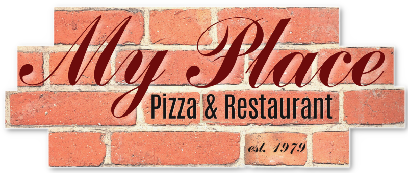 Logo for My Place Pizza & Restaurant on a brick wall background; burgundy script font.