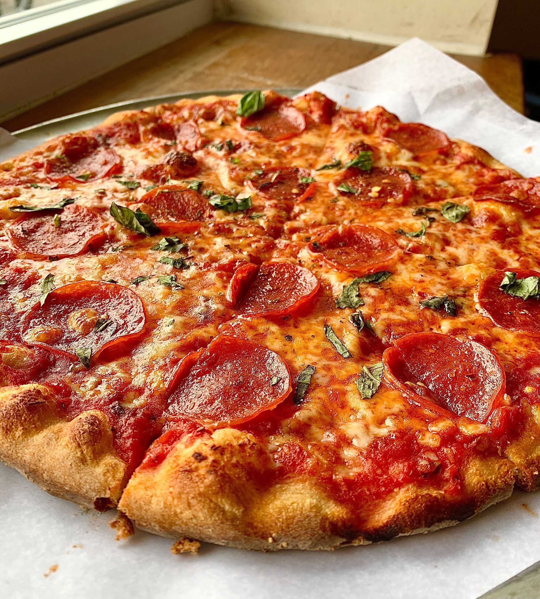 Pepperoni Pizza with Basil