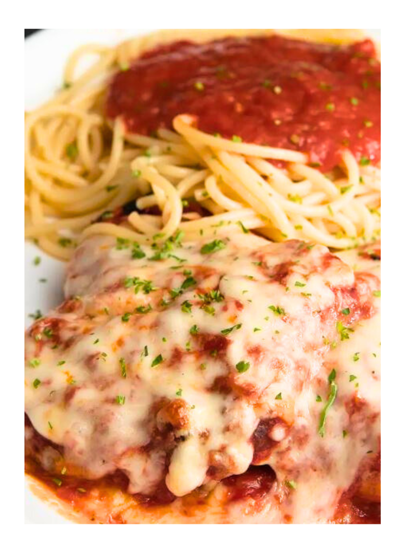 Chicken parmesan with spaghetti and tomato sauce.