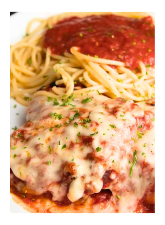 Chicken parmesan with spaghetti and tomato sauce.