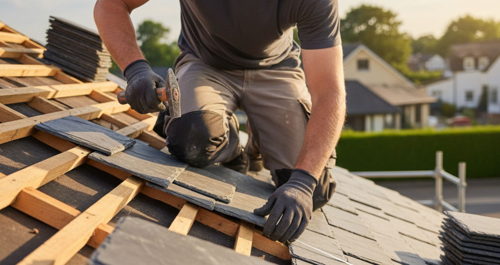 Roofer on a rooftop, laying dark gray tiles. Sunlight, wooden beams, houses in the background.