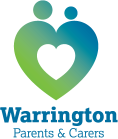 A logo for warrington parents and carers with a heart in the middle