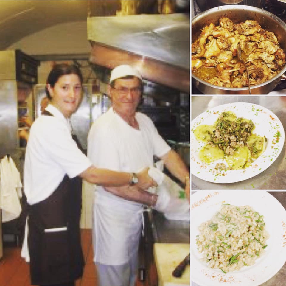 Un uomo e una donna sono in piedi in una cucina accanto a piatti di cibo