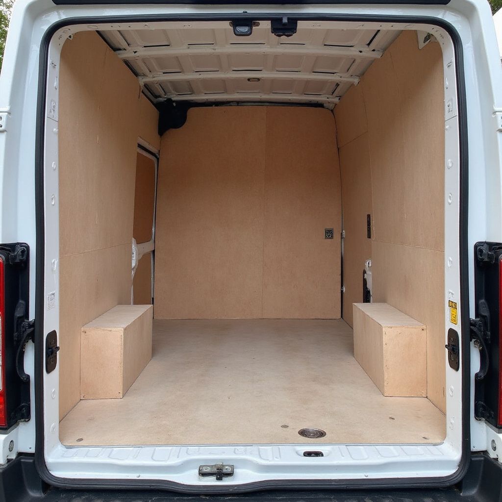 Empty white van cargo area, lined with plywood, two side boxes, beige floor.