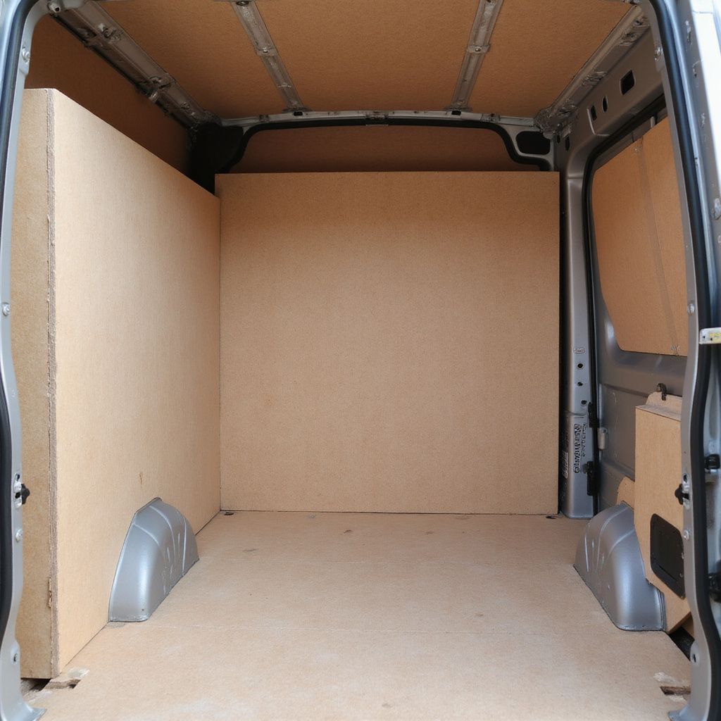 Empty cargo van interior with plywood walls and floor.