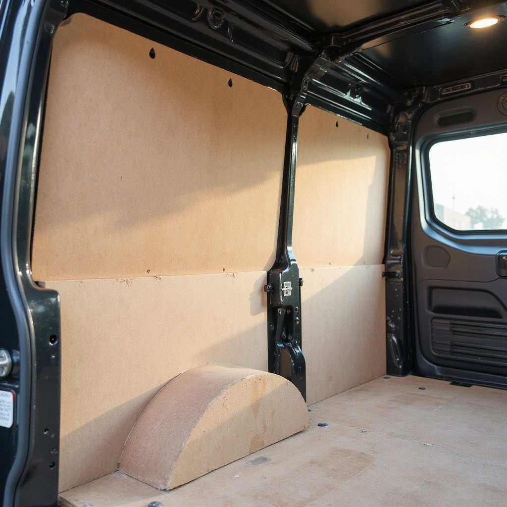 Interior of a black van, with wooden panels lining the walls and wheel wells.