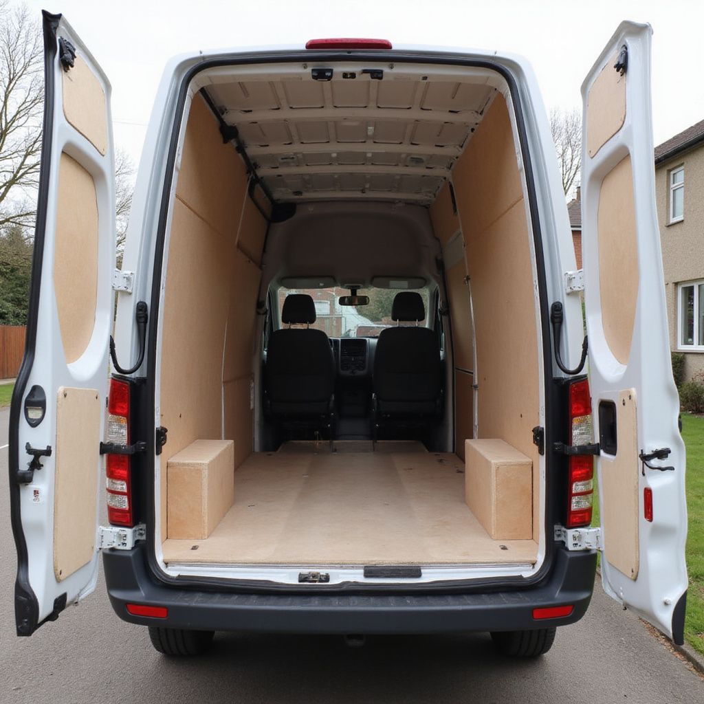 Rear view of a white cargo van with open doors, revealing a wood-paneled interior and a glimpse of the front seats.
