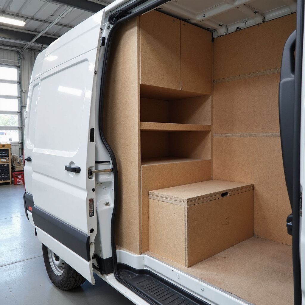 White van interior with custom wood shelving, cabinets, and storage box.