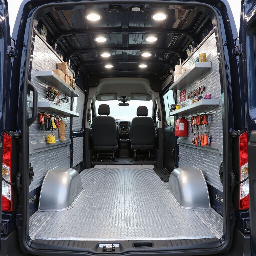 Interior of a work van with tools organized on shelves and walls; center shows the driver's area.