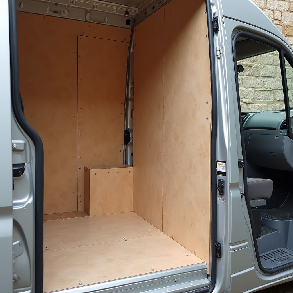Interior view of a silver van with plywood lining the walls, floor, and a small storage box.