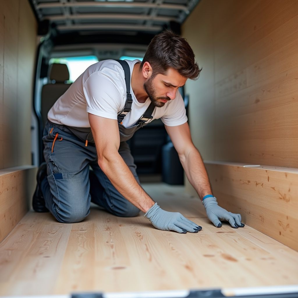 Man in work overalls kneeling in van, inspecting wooden floor with gloved hands.