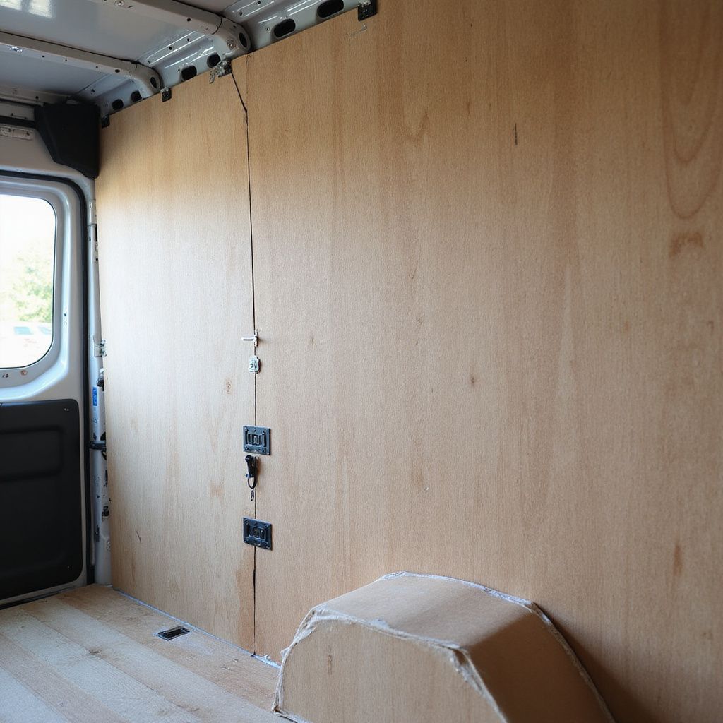 Interior of a van with plywood paneling on the walls and floor, and an electrical outlet.