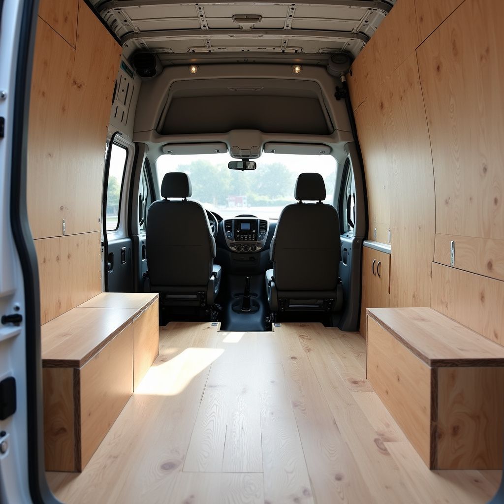 Interior of a van, wooden walls and flooring, two seats in the front, two benches along the sides.