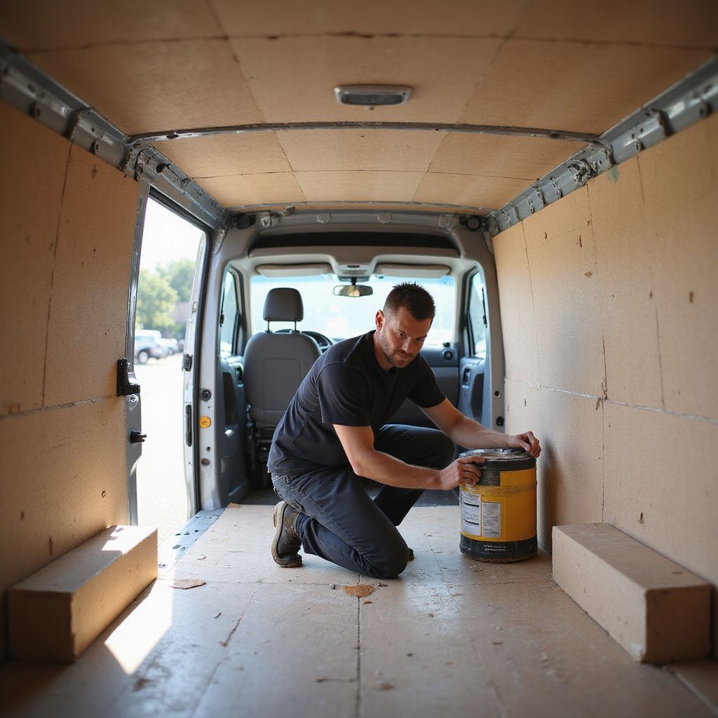 Man inside empty van, kneeling and handling a yellow container. Interior shot.