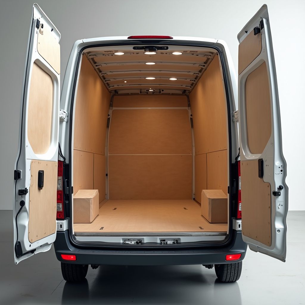 Rear view of an empty cargo van with open doors, showcasing a wood-paneled interior.