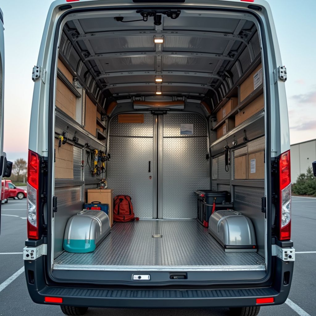 Back view of a cargo van interior with shelving, tools, and storage boxes.