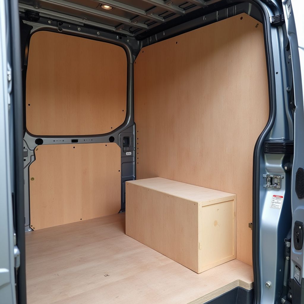 Interior view of a van with plywood paneling on the walls, floor, and a rectangular box.